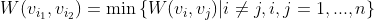 W(v_{i_{1}},v_{i_{2}})=\min\left \{ W(v_{i},v_{j}) |i\neq j,i,j=1,...,n \right \}