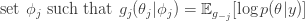 \mbox{​{} \ \ set } \phi_j \mbox{ such that } g_j(\theta_j|\phi_j) = \mathbb{E}_{g_{-j}}[\log p(\theta|y)]