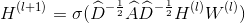 H^{(l+1)}=\sigma (\widehat{D}^{-\frac{1}{2}}\widehat{A}\widehat{D}^{-\frac{1}{2}}H^{(l)}W^{(l)})