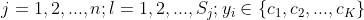 j=1,2,...,n; l=1,2,...,S_j; y_{i} \in \left\{c_1, c_2,..., c_K \right\}