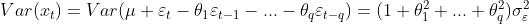 Var(x_t)=Var(\mu +\varepsilon _t-\theta _1 \varepsilon _{t-1}-...-\theta _q\varepsilon _{t-q})=(1+\theta _1^2+...+\theta _q^2)\sigma_\varepsilon ^2