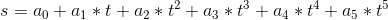 s = a_0 + a_1 *t +a_2* t^2 +a_3*t^3+a_4*t^4+a_5*t^5