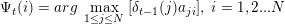 \small \Psi_t(i) = arg \; \max_{1 \leq j \leq N}\;[\delta_{t-1}(j)a_{ji}],\;i=1,2...N