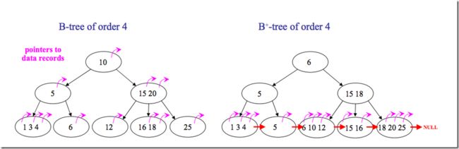 Different between B tree and B plus tree