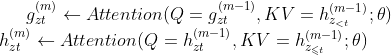 g_{zt}^{(m)}\leftarrow Attention(Q=g_{zt}^{(m-1)},KV=h_{z_{<t}}^{(m-1)};\theta)\\ h_{zt}^{(m)}\leftarrow Attention(Q=h_{zt}^{(m-1)},KV=h_{z_{\leqslant t}}^{(m-1)};\theta)