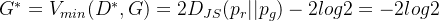 G^*=V_{min}(D^*,G)=2D_{JS}(p_r||p_g)-2log2 =-2log2