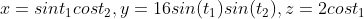 x=sint_1cost_2,y=16sin(t_1)sin(t_2),z=2cost_1