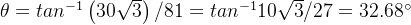 \theta = tan^{-1}\left ( 30\sqrt{3} \right )/81=tan^{-1}10\sqrt{3}/27=32.68^{\circ}