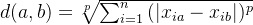 d(a,b)=\sqrt[p]{\sum_{i=1}^{n}{(|x_{ia}-x_{ib}|)^p}}