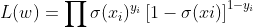 L(w)=\prod \sigma (x_{i})^{y_{i}}\left [ 1- \sigma (xi) \right ]^{1- y_{i}}