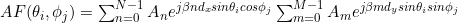 AF(\theta_{i},\phi_{j})=\sum_{n=0}^{N-1}{A_{n}}e^{j\beta nd_xsin\theta_{i} cos\phi_{j}} \sum_{m=0}^{M-1}{A_{m}}e^{j\beta md_ysin\theta_{i} sin\phi_{j}}