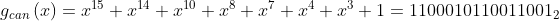 g_{can}\left ( x \right )=x^{15}+x^{14}+x^{10}+x^{8}+x^{7}+x^{4}+x^{3}+1=1100 0101 1001 1001_{2}