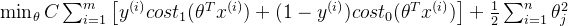 \operatorname*{min}_{\theta}C\sum_{i=1}^{m}\left[y^{(i)}cost_{1}(\theta^{T}x^{(i)})+(1-y^{(i)})cost_{0}(\theta^{T}x^{(i)})\right]+\frac{1}{2}\sum_{i=1}^{n}\theta_{j}^{2}