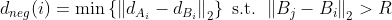 d_{n e g}(i)=\min \left\{\left\|d_{A_{i}}-d_{B_{i}}\right\|_{2}\right\} \text { s.t. }\left\|B_{j}-B_{i}\right\|_{2}>R