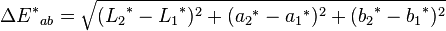 \Delta {E^*}_{ab} = \sqrt{ ({L_2}^*-{L_1}^*)^2+({a_2}^*-{a_1}^*)^2 + ({b_2}^*-{b_1}^*)^2 }\,