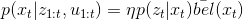 p(x_{t}|z_{1:t},u_{1:t})=\eta p(z_{t}|x_{t})\bar{bel}(x_{t})