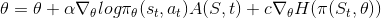 \theta = \theta + \alpha \nabla_{\theta}log \pi_{\theta}(s_t,a_t)A(S,t) + c\nabla_{\theta}H(\pi(S_t, \theta))