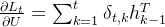 \frac{\partial L_{t}}{\partial U}=\sum_{k=1}^{t}\delta _{t,k}h_{k-1}^{T}