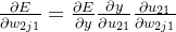 \frac{\partial E}{\partial w_{2j1}} = \frac{\partial E}{\partial y} \frac{\partial y}{\partial u_{21}} \frac{\partial u_{21}}{\partial w_{2j1}}