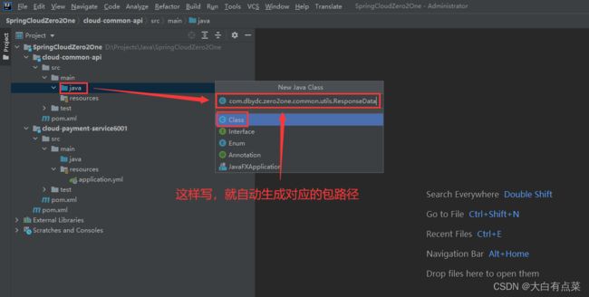 输入“com.dbydc.zero2one.common.utils.ResponseData”，新建 ResponseData.java 文件。