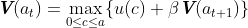 \emph{\textbf V}(a_t) = \max_{0\leq c \leq a}\{u(c) + \beta\emph{\textbf V}(a_{t+1}) \}