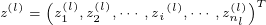 \tiny z^{(l)}=\left( z_{1}^{(l)}, z_{2}^{(l)}, \cdots,z{_{i}}^{(l)},\cdots, z_{n_{l}}^{(l)}\right) ^{T}