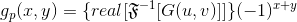 g_{p}(x,y) = \{real[\mathfrak{F}^{-1}[G(u,v)]]\}(-1)^{x+y}