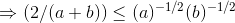 \Rightarrow (2/(a+b))\leq (a)^{-1/2}}(b)^{-1/2}