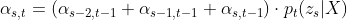 \alpha_{s,t}=(\alpha_{s-2,t-1}+\alpha_{s-1,t-1}+\alpha_{s,t-1})\cdot p_t(z_s|X)