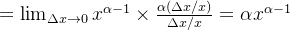 =\lim_{\Delta x \to 0}x^{\alpha-1}\times\frac{\alpha (\Delta x/x)}{\Delta x/x}=\alpha x^{\alpha-1}