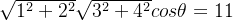 \sqrt{1^{2}+2^{2}}\sqrt{3^{2}+4^{2}}cos\theta=11