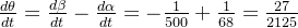 \frac{d\theta }{dt} = \frac{d\beta }{dt} - \frac{d\alpha }{dt} = -\frac{1}{500}+\frac{1}{68} = \frac{27}{2125}