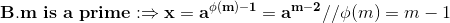 \mathbf{B.m \ is \ a \ prime:\Rightarrow x=a^{\phi (m)-1}=a^{m-2}}//\phi (m)=m-1