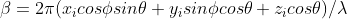 \beta = 2\pi(x_icos\phi sin\theta+y_isin\phi cos\theta+z_icos\theta)/\lambda