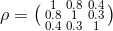 \rho =\bigl(\begin{smallmatrix} 1& 0.8& 0.4\\ 0.8& 1 & 0.3\\ 0.4& 0.3 & 1 \end{smallmatrix}\bigr)