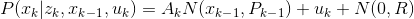 P(x_k | z_k, x_k_-_1, u_k) = A_kN(x_k_-_1,P_k_-_1) + u_k + N(0,R)