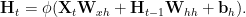 \mathbf{H}_t = \phi(\mathbf{X}_t \mathbf{W}_{xh} + \mathbf{H}_{t-1} \mathbf{W}_{hh} + \mathbf{b}_h).