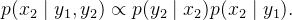 p(x_2\mid y_1, y_2) \propto p(y_2\mid x_2)p(x_2\mid y_1).