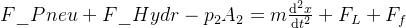 F\_Pneu+ F\_Hydr-p_{2} A_{2} =m\frac{\mathrm{d^2} x}{\mathrm{d} t^2} +F_{L}+ F_{f}