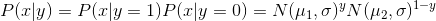 P(x|y)=P(x|y=1)P(x|y=0)=N(\mu_1, \sigma)^yN(\mu_2, \sigma)^{1-y}