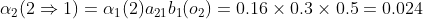 \alpha_{2}(2\Rightarrow 1)=\alpha_{1}(2)a_{21}b_{1}(o_{2})=0.16\times0.3\times0.5=0.024