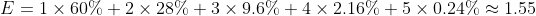 E=1\times 60%+2\times 28%+3\times 9.6%+4\times 2.16%+5 \times 0.24%\approx 1.55