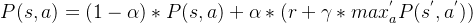 P(s,a)=(1-\alpha )*P(s,a)+\alpha *(r+\gamma *max_{a}^{'}P(s^{'},a^{'}))