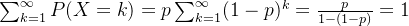 \sum_{k=1}^{\infty}P(X=k)= p\sum_{k=1}^{\infty}(1-p)^k=\frac{p}{1-(1-p)}=1