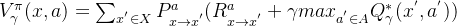 V_{\gamma}^{\pi}(x,a)=\sum_{x^{'}\in X}P_{x\rightarrow x^{'}}^a(R_{x \rightarrow x^{'}}^a+\gamma max_{a^{'} \in A} Q_{\gamma}^{*}(x^{'},a^{'}))