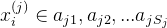 x_{i}^{(j)}\in{a_{j1},a_{j2},...a_{jS_{j}}}