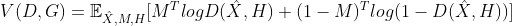 V(D ,G) = \mathbb{E}_{\hat{X},M,H} [M^{T}logD(\hat{X},H)+(1-M)^{T}log(1-D(\hat{X},H))]