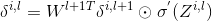 \delta^{i,l}=W^{l+1}^T\delta^{i,l+1} \odot \sigma^{'}(Z^{i,l})