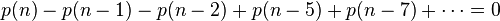 p(n) - p(n-1) - p(n-2) + p(n-5) + p(n-7) + \cdots=0