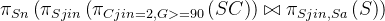 \pi _{Sn}\left (\pi _{Sjin}\left ( \pi _{Cjin= 2,G> = 90}\left (SC \right )\right)\bowtie \pi_{Sjin,Sa}\left ( S \right ) \right )